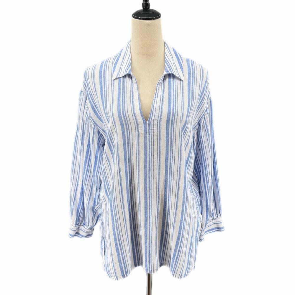 Cabi 5894 Pacific Blue White Stripe Linen Blend V Neck Pull Over Blouse Top
